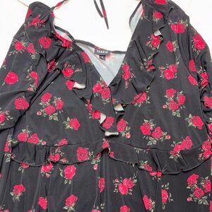 Torrid Long Sleeve Rose Print Black Ruffle Babydoll Dress w/ Tie Back